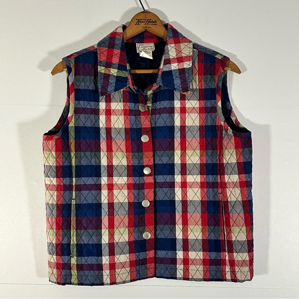 Vintage Plaid Quilted Sleeveless Snap-Up Vest